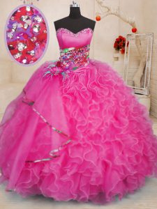 Shining Hot Pink Ball Gowns Beading and Ruffles Quince Ball Gowns Lace Up Organza Sleeveless Floor Length