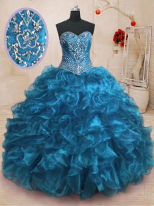 Elegant Blue Ball Gowns Beading and Ruffles Vestidos de Quinceanera Lace Up Organza Sleeveless With Train