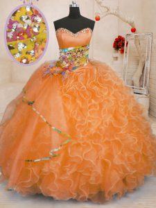 Orange Ball Gowns Organza Sweetheart Sleeveless Beading and Ruffles Floor Length Lace Up Sweet 16 Quinceanera Dress