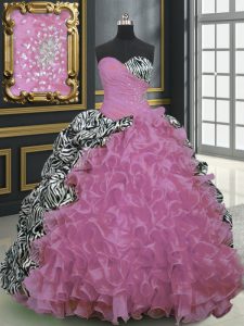 Printed With Train Lace Up Sweet 16 Quinceanera Dress Rose Pink for Military Ball and Sweet 16 and Quinceanera with Beading and Ruffles and Pattern Brush Train