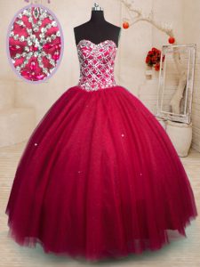 Delicate Red Tulle Lace Up Sweetheart Sleeveless Floor Length Quinceanera Dress Beading