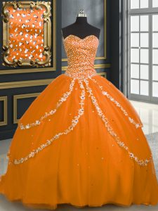Fashionable Sweetheart Sleeveless Sweet 16 Dresses With Brush Train Beading and Appliques Orange Tulle