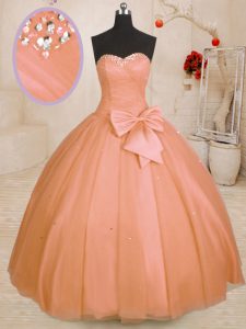 Sleeveless Floor Length Beading and Bowknot Lace Up Quince Ball Gowns with Orange