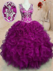 Sleeveless Beading and Embroidery and Ruffles Backless Ball Gown Prom Dress