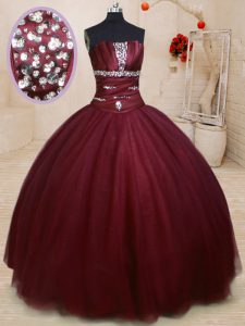 Low Price Burgundy Sleeveless Floor Length Beading Lace Up 15 Quinceanera Dress