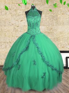 Charming Ball Gowns Quinceanera Gowns Turquoise Halter Top Tulle Sleeveless Floor Length Lace Up