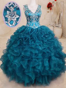 Teal Backless V-neck Beading and Embroidery and Ruffles Ball Gown Prom Dress Organza Sleeveless