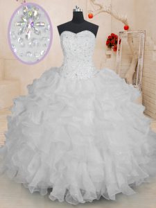 Customized White Organza Lace Up Quinceanera Gowns Sleeveless Floor Length Beading and Ruffles