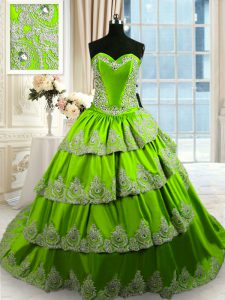 Gorgeous Sleeveless Court Train Beading and Appliques and Ruffled Layers Lace Up Quinceanera Dresses