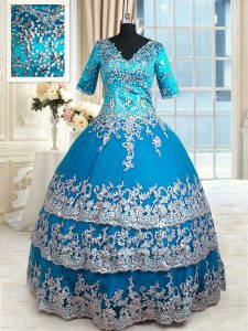 Beauteous V-neck Half Sleeves Tulle Party Dresses Beading and Lace and Appliques and Ruffled Layers Zipper