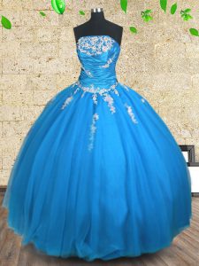 Blue Sleeveless Tulle Lace Up Quinceanera Dresses for Military Ball and Sweet 16 and Quinceanera