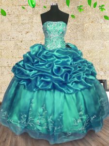 Floor Length Lace Up Sweet 16 Dress Turquoise for Military Ball and Sweet 16 and Quinceanera with Beading and Ruffles
