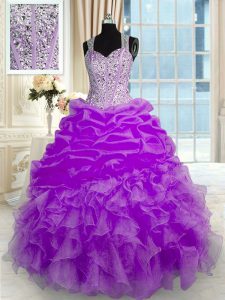 Sexy Sleeveless Organza Floor Length Zipper Quince Ball Gowns in Lilac with Beading and Ruffles