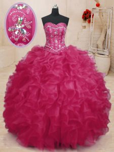 Stylish Coral Red Sweetheart Lace Up Beading and Ruffles Court Dresses for Sweet 16 Sleeveless