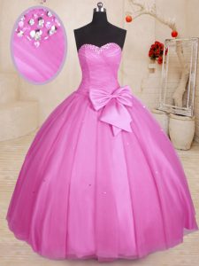 Deluxe Lilac Tulle Lace Up Sweetheart Sleeveless Floor Length Quinceanera Gown Beading and Bowknot