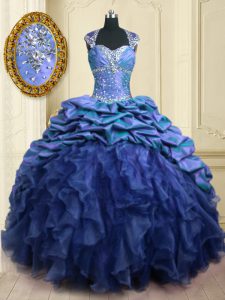 Beauteous Blue Lace Up Sweet 16 Quinceanera Dress Beading and Ruffles and Pick Ups Cap Sleeves With Brush Train