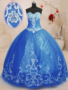 Floor Length Blue 15 Quinceanera Dress Tulle Sleeveless Beading and Appliques