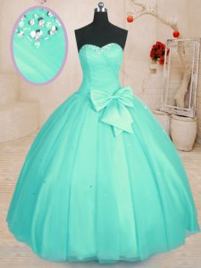 Exquisite Aqua Blue Sleeveless Floor Length Beading and Bowknot Lace Up Quinceanera Gown