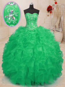 Inexpensive Teal and Green Quince Ball Gowns Military Ball and Sweet 16 and Quinceanera and For with Beading and Ruffles Sweetheart Sleeveless Lace Up