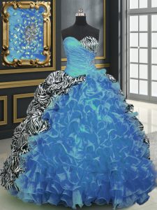 Dynamic Printed Baby Blue Quince Ball Gowns Military Ball and Sweet 16 and Quinceanera and For with Beading and Ruffles and Pattern Sweetheart Sleeveless Brush Train Lace Up