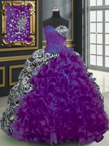 Purple Ball Gowns Beading and Ruffles and Pattern Quinceanera Gowns Lace Up Organza and Printed Sleeveless With Train