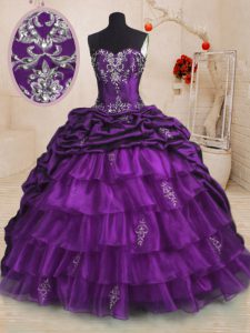 Nice Purple Sleeveless Sweep Train Beading and Appliques and Ruffled Layers and Pick Ups With Train Quinceanera Gown