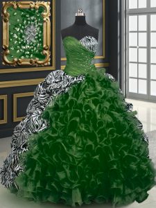 Decent With Train Dark Green Quinceanera Gown Organza and Printed Brush Train Sleeveless Beading and Ruffles and Pattern