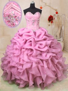Floor Length Lace Up Quinceanera Gown Baby Pink for Military Ball and Sweet 16 and Quinceanera with Beading and Ruffles and Pick Ups