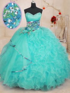 High Class Aqua Blue Ball Gowns Beading and Ruffles Sweet 16 Dress Lace Up Organza Sleeveless Floor Length