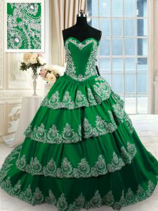 Captivating Ruffled With Train Dark Green Quinceanera Court Dresses Sweetheart Sleeveless Court Train Lace Up