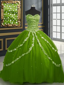 Adorable Brush Train Ball Gowns Quinceanera Gown Olive Green Sweetheart Tulle Sleeveless With Train Lace Up
