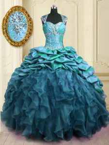 Noble Teal Cap Sleeves Brush Train Beading and Ruffles and Pick Ups With Train Sweet 16 Dresses