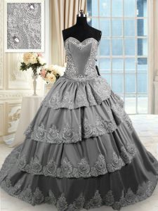 Pretty Grey Taffeta Lace Up Quince Ball Gowns Sleeveless With Train Court Train Beading and Appliques and Ruffled Layers