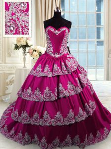 Stunning Ruffled Fuchsia Sleeveless Taffeta Court Train Lace Up Quinceanera Gowns for Military Ball and Sweet 16 and Quinceanera