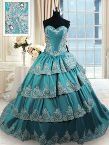 Teal Sleeveless Beading and Appliques and Ruffled Layers With Train Quinceanera Dress