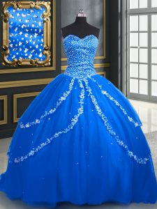 Exquisite Blue Sweetheart Neckline Beading and Appliques 15th Birthday Dress Sleeveless Lace Up