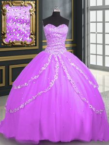 Pretty Tulle Sweetheart Sleeveless Brush Train Lace Up Beading and Appliques 15th Birthday Dress in Lilac