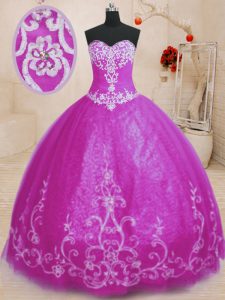 Spectacular Fuchsia Tulle Lace Up Sweetheart Sleeveless Floor Length Sweet 16 Dresses Beading and Embroidery