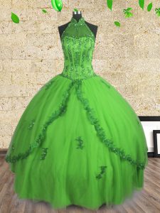 Ball Gowns Tulle Halter Top Sleeveless Beading Floor Length Lace Up 15 Quinceanera Dress