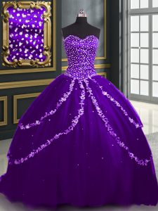 Purple Tulle Lace Up Quinceanera Dress Sleeveless With Brush Train Beading and Appliques