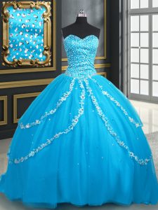 Baby Blue Sweetheart Neckline Beading and Appliques Quinceanera Gowns Sleeveless Lace Up