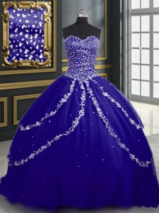 Dramatic Blue Sweetheart Lace Up Beading and Appliques Quinceanera Dresses Brush Train Sleeveless