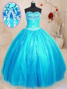 Eye-catching Baby Blue Lace Up 15th Birthday Dress Beading and Appliques Sleeveless Floor Length