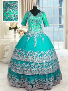 Deluxe Turquoise Half Sleeves Beading and Lace and Appliques and Ruffled Layers Floor Length 15th Birthday Dress