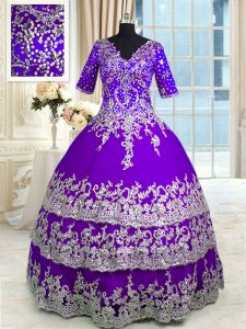 Comfortable Purple Half Sleeves Floor Length Beading and Appliques and Ruffled Layers Zipper Sweet 16 Dress