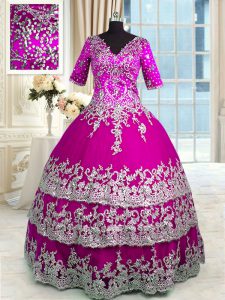Fuchsia Sweet 16 Dresses Tulle Half Sleeves Beading and Appliques and Ruffled Layers
