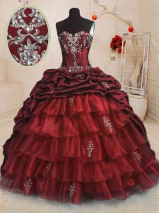 Vintage Pick Ups Ruffled With Train Wine Red Sweet 16 Quinceanera Dress Sweetheart Sleeveless Sweep Train Lace Up