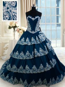 Navy Blue Vestidos de Quinceanera Military Ball and Sweet 16 and Quinceanera and For with Beading and Appliques and Ruffled Layers Sweetheart Sleeveless Court Train Lace Up