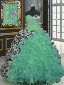 Shining Printed With Train Green Quinceanera Gowns Sweetheart Sleeveless Brush Train Lace Up
