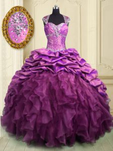 Decent Sweetheart Cap Sleeves Organza and Taffeta Ball Gown Prom Dress Beading and Ruffles and Ruffled Layers and Pick Ups Brush Train Lace Up